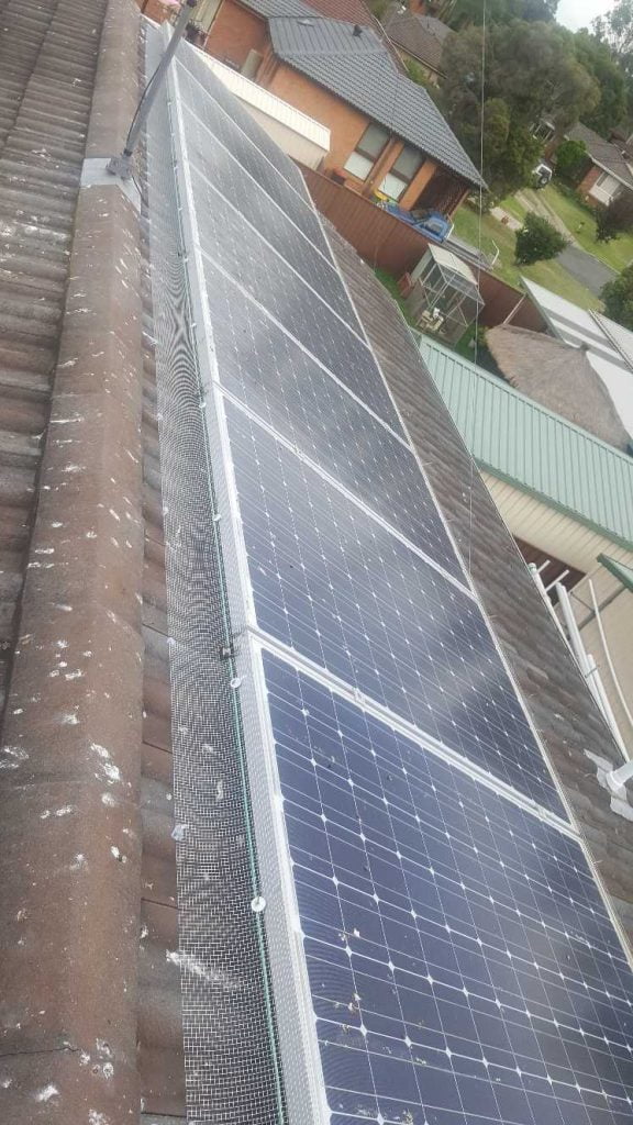 Mesh solar panel bird proofing on the tiled roof of a Wollongong home